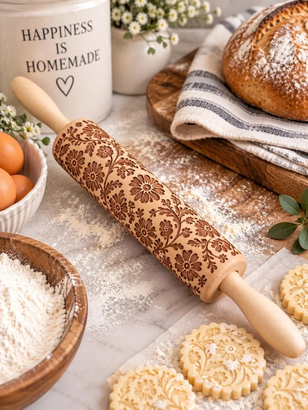 NWT Engraved Floral Wooden Rolling Pin Farmhouse Baking Kitchen Decor